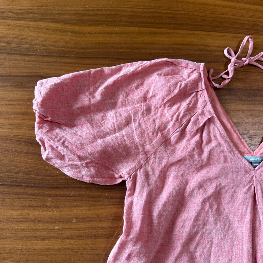 Yarra‎ Trail Linen Midi Dress 8 Petite Coral Red Puffed Sleeve Classic Summer - Picture 10 of 13